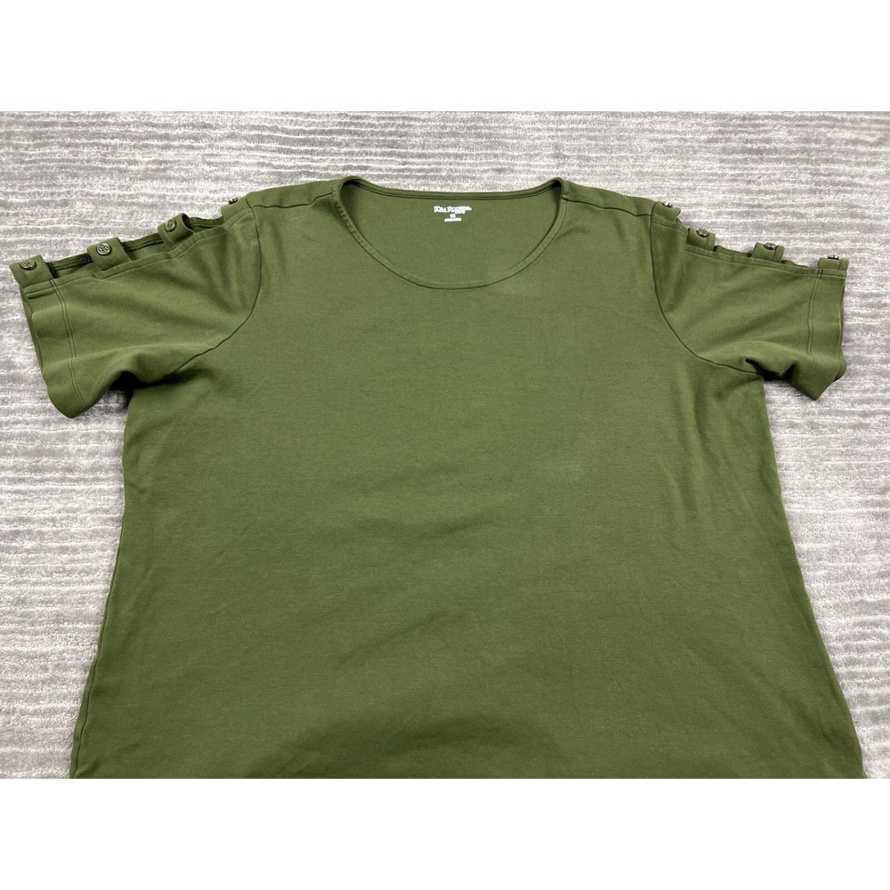 Kim Rogers Top Womens 1X Green Curvy Short Sleeve Button Tab Scoop Neck Cotton
